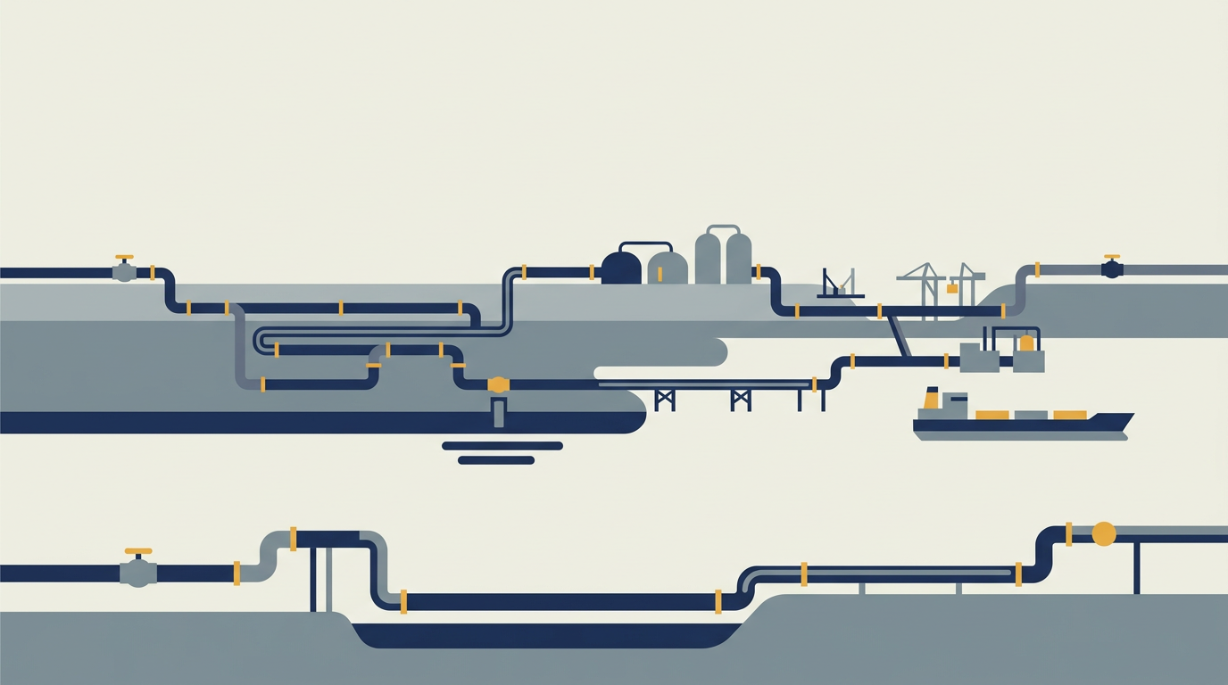 A network of petroleum pipelines stretching across a landscape.
