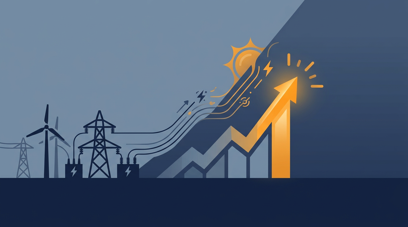 Power lines and a substation against a clear sky, representing energy infrastructure.